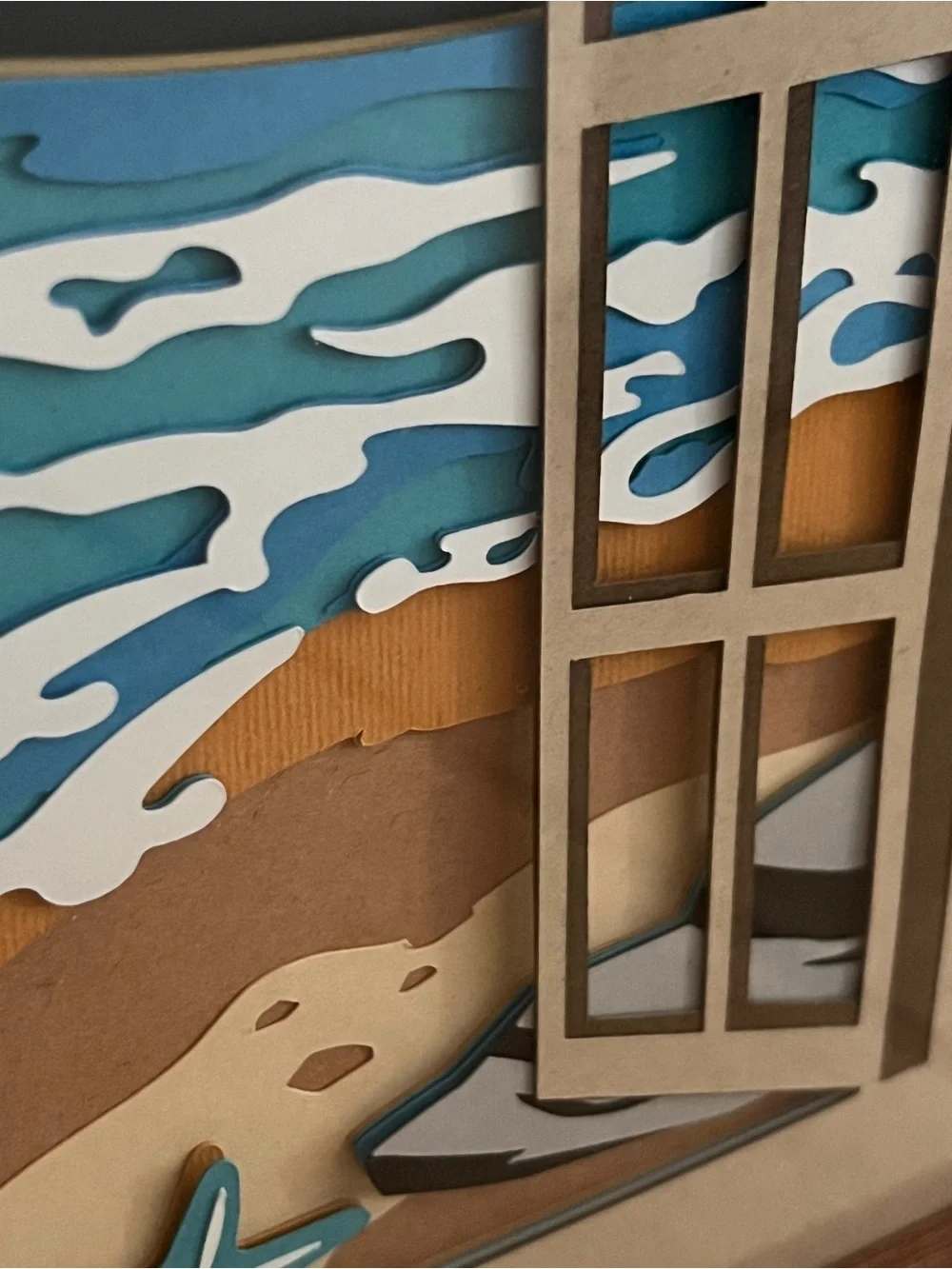 Beach Window Ocean View 16 Layer Paper Wall Art w/ Real Wooden Frame